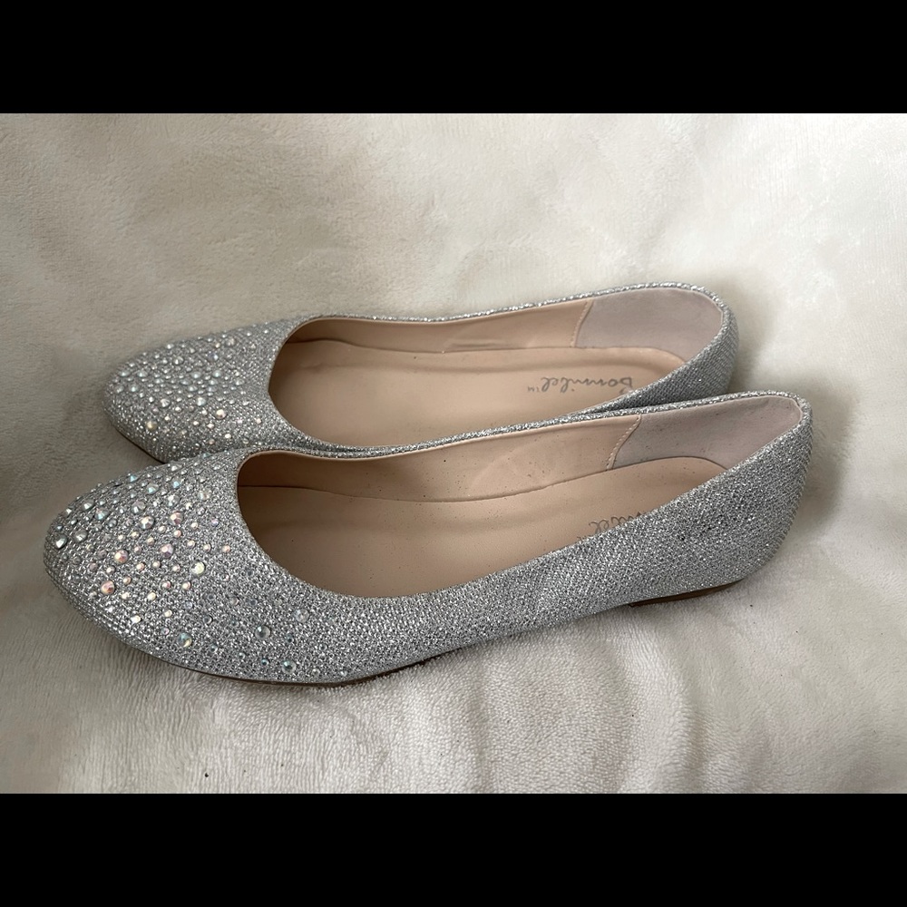 Bonnibel Silver Ballet Dress Flats - Bedazzled Glitter Rhinestone (Size 8.5)